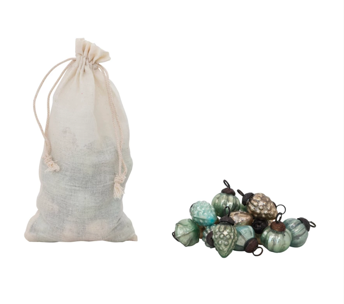 Embossed Mercury Glass Ornaments in Muslin Bag - Set of 36