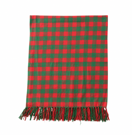 Cotton Flannel Throw with Fringe with Red and Green Buffalo Check