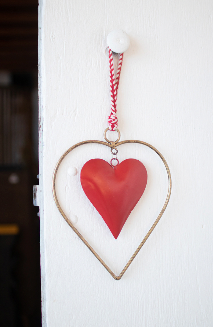 Antique Brass & Red Heart Door Hanger