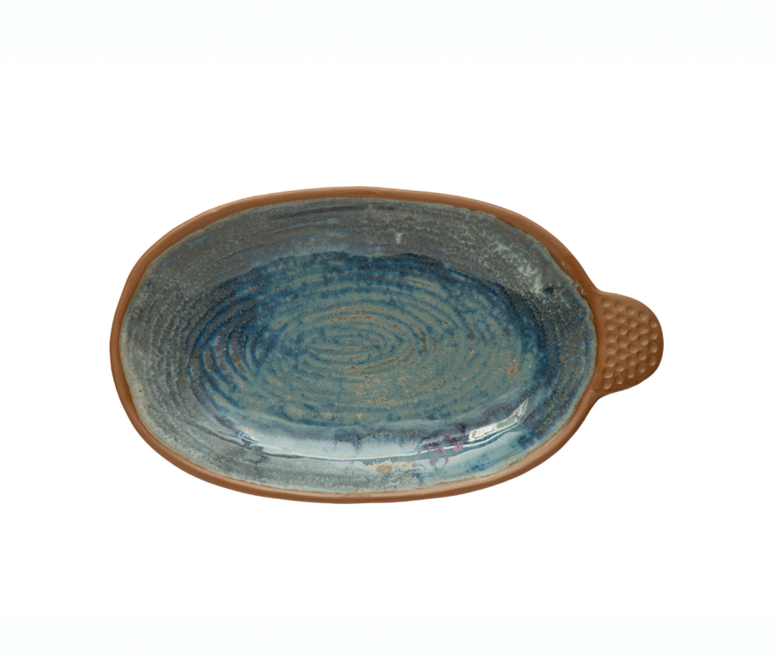 Stoneware Plate with Handle, Brown Rim & Reactive Glaze