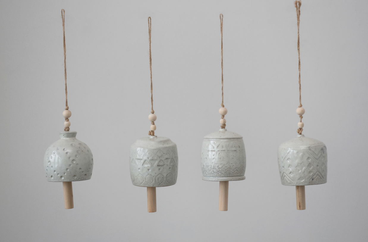 Stoneware Bell with Wood Beads, Reactive Glaze