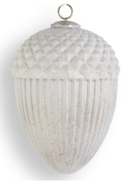 8.25 Inch Distressed White Glass Embossed Acorn