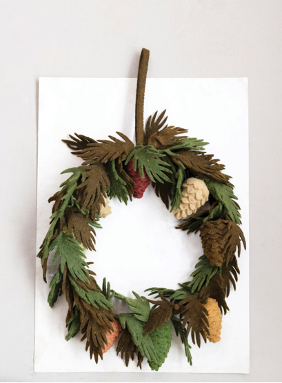 15" Round Wool Felt Wreath with Leaves and Pinecones, Multi Color