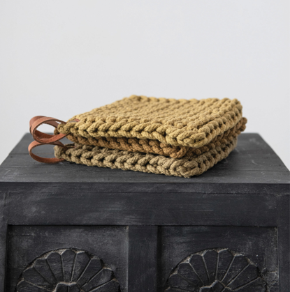 Crocheted Pot Holder with Leather