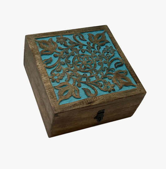Hand-Carved Wood Midnight Garden Hinged Square Table Box