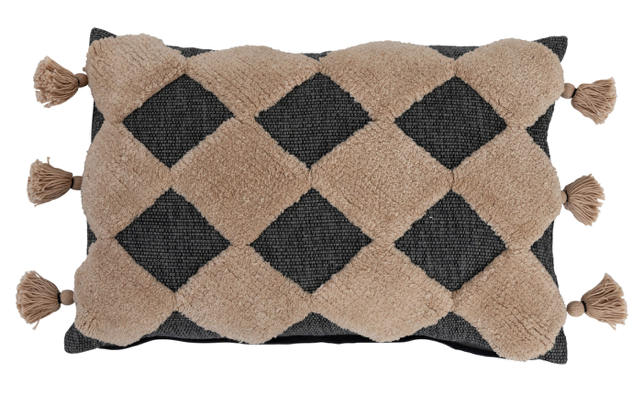 Cotton Lumbar Pillow w/ Tufted Diamond Pattern & Tassels