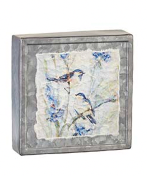 Chickadees on Lavender Textured Paper on Galvanized Block