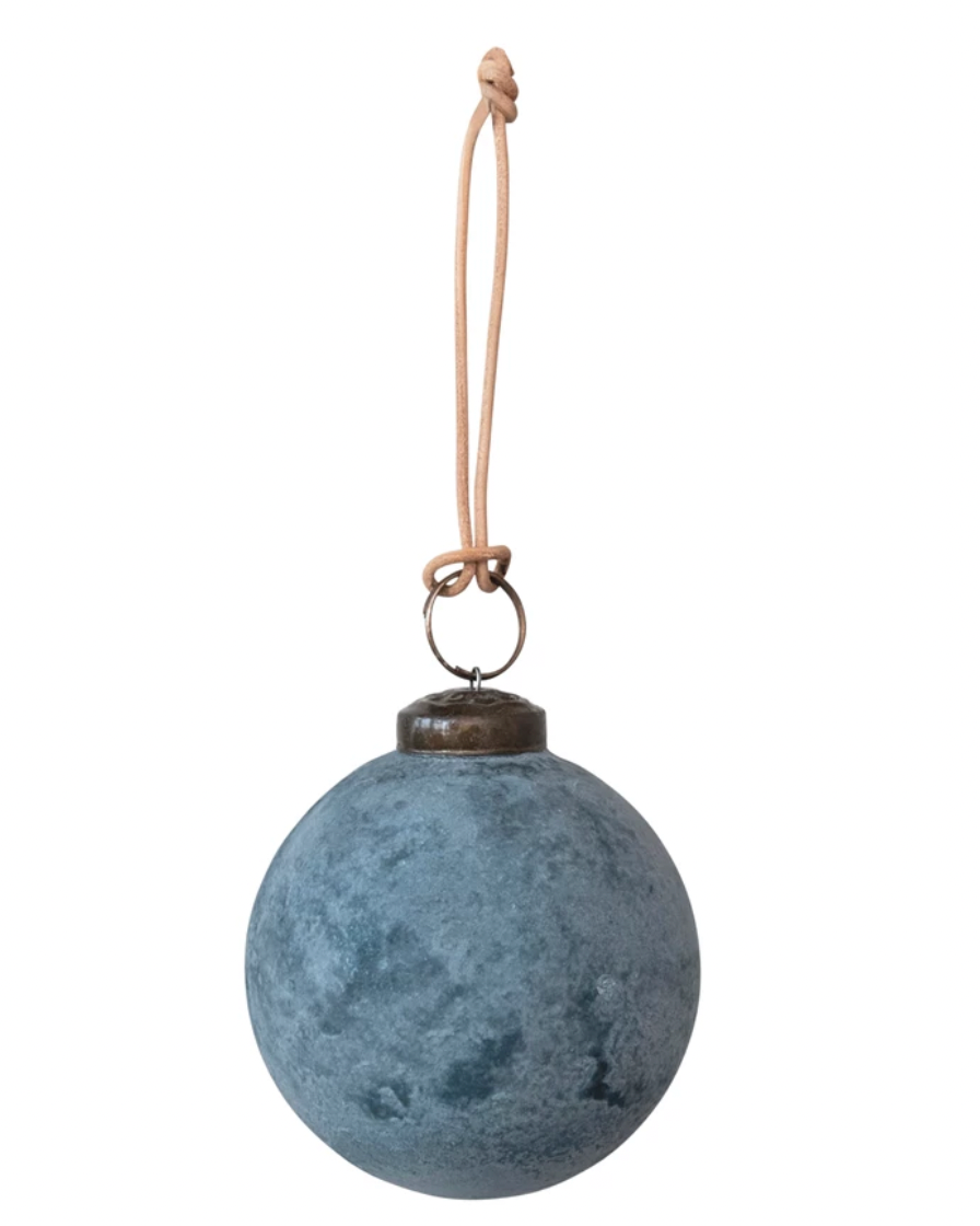 Matte Blue Round Glass Ball Ornament, Distressed Powder Finish