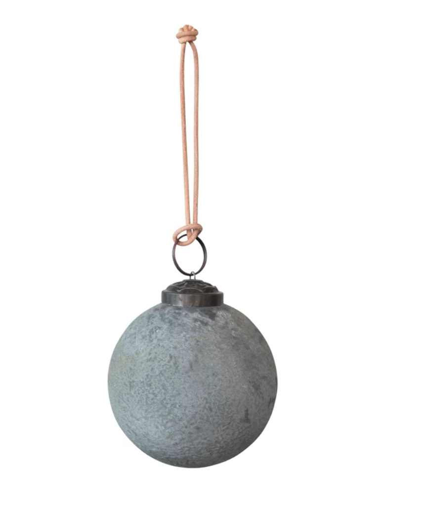 Matte Grey Glass Ball Ornament, Distressed Powder Finish