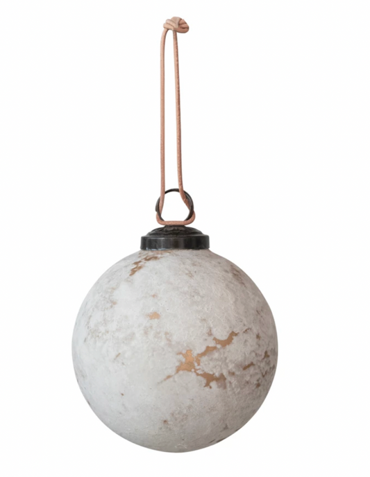 Matte White Round Glass Ball Ornament, Distressed Powder Finish
